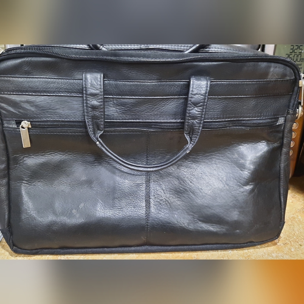 Black Briefcase Satchel - Genuine Leather with Padded Laptop Sleeve